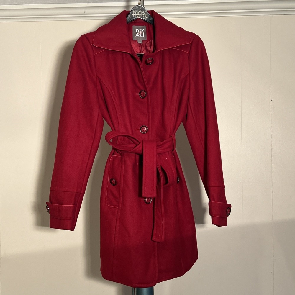 Women's Small Lined Wool Red Trench Coat Jacket w/ Waist Belt-Rod &β Ali